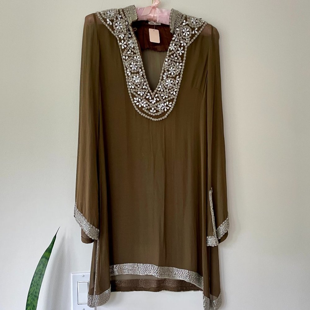 Alka Vora Silk Tunic With Sequin Detail In Brown One Size Fits Most